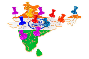 Map of India with colored push pins, 3D rendering
