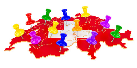 Obraz premium Map of Switzerland with colored push pins, 3D rendering