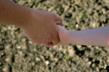 The male hand holds a children's hand. Children's hand in the hand of an adult man.