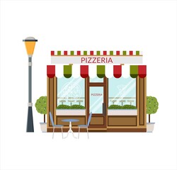 Pizza shop, storefront. Flat icon of pizzeria facade. Italian restaurant, vector illustration in flat style