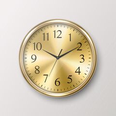 Vector 3d Realistic Simple Round Golden Wall Office Clock Icon Closeup Isolated on White Background. Design Template, Mock-up for Branding, Advertise. Front or Top View