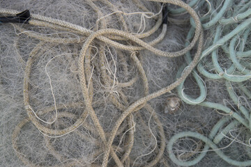 equipment and fishing ropes nets and floats arranged