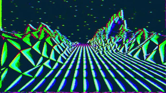 Abstract analog grunge VHS styled 80s retro video game and vj loop animation. Retrowave horizon landscape with neon lights, low poly shaded terrain, and "Subscribe" text. 