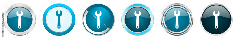 Aufkleber Tool silver metallic chrome border icons in 6 options, set of web blue round buttons isolated on white background