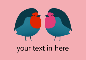 Cute robins on a pink background, vector illustration with editable text