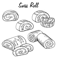 Hand Drawn Swiss Roll Sketch Symbol. Vector Pastry Element In Trendy Style. Set, collection. Vector illustration