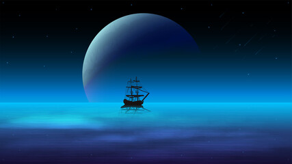 Night seascape with a dark sky and a large planet on the horizon, starry sky and a ship in the water on the background of the planet