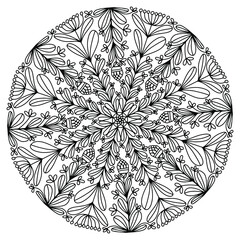 abstract flowers and leaves drawn on a white background for coloring, vector, mandala