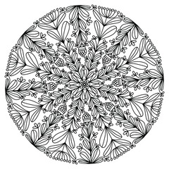 abstract flowers and leaves drawn on a white background for coloring, vector, mandala