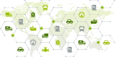 Hydrogen fuel world map vector illustration. Concept with connected icons related to h2 alternative & international green energy, hybrid cars or sustainable transport worldwide.