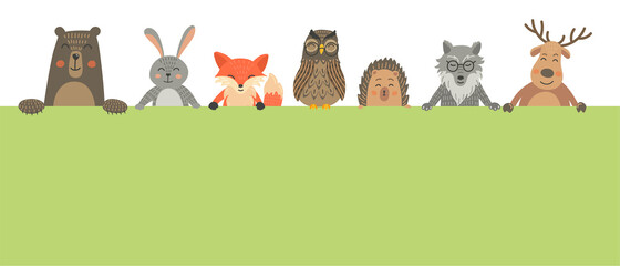 Forest animals border. Bear, hare, fox, owl, wolf, hedgehog and deer with and empty banner. Woodland. Children's vector wild animals illustration with place for your text. © N.Savranska