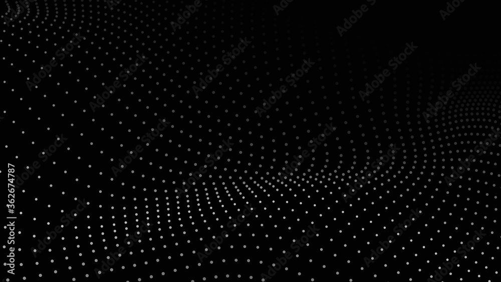 Poster A wave of moving particles. Abstract 3d vector illustration on a dark background.