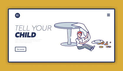 Spoiled kids discipline landing page. Naughty boy make mess with table, breakfast and tablecloth
