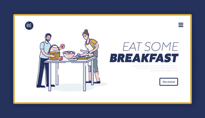 Landing page for healthy breakfast concept with couple of vegans cooking salad