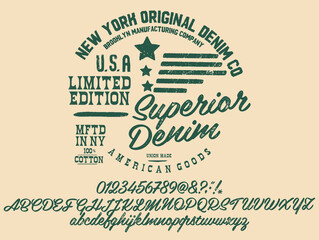 Obraz premium Craft retro vintage typeface design. Youth fashion type. Textured alphabet. Pop modern display vector letters. Drawn in graphic style. Set of Latin characters numbers 