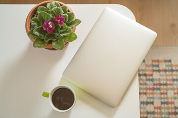 Flat lay composition with laptop and tablet on white background. Home office