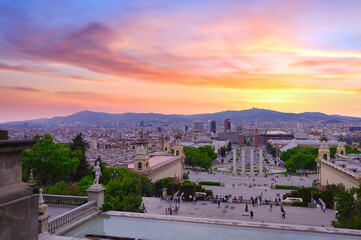 Obraz premium June 15, 2019 - Barcelona, Spain - The four columns below the Palau Nacional on the Montjuic mountain and near the Placa d'Espanya and Poble Espanyol in Barcelona, Spain.