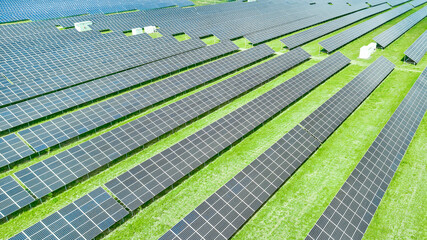 Solar panels for production of green, eco friendly, renewable, energy. Aerial view of solar power station. Photovoltaic power supply systems.