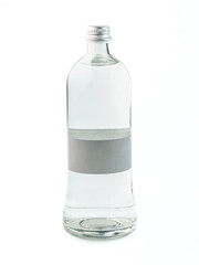 food photography of clean sterile glass bottle of natural pure water front view close-up on a white background isolated