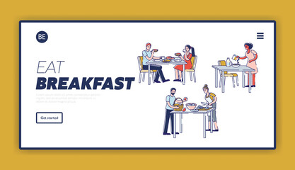 Landing page with people having breakfast eating and cooking healthy food in morning