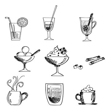 Vector graphic set of drinks, ice cream and spices. Hand drawn sketches