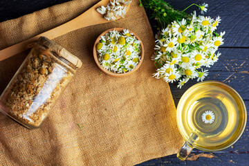 cup of herbal chamomile tea and daisy flowers. doctor treatment and prevention of immune concept, medicine - folk, alternative, complementary, traditional medicine