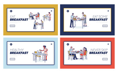 Healthy breakfast website, set of template landing pages with having breakfast at home