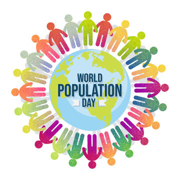 World Population Day with colorful people, Earth, globe, pictogram poster, background template, vector illustration