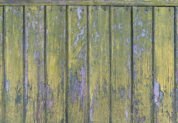 An old wooden wall painted at different times in a green-yellow color and exposed to weathering.