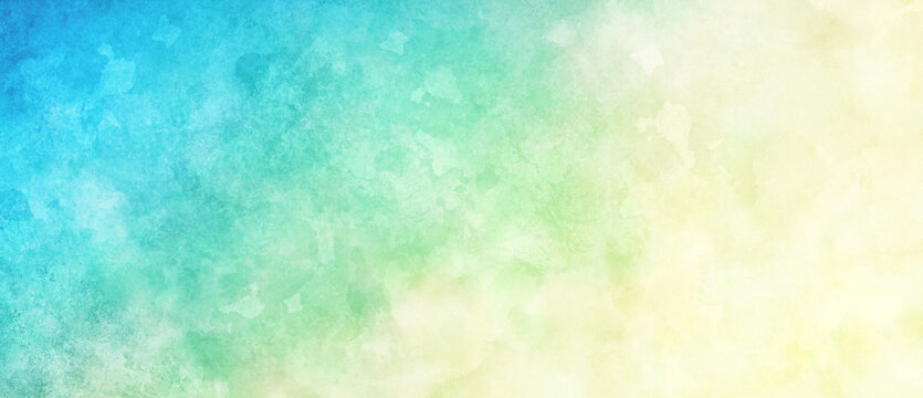 Blue green and white watercolor background painting with cloudy distressed texture and marbled grunge, soft yellow beige lighting and gradient blue green colors