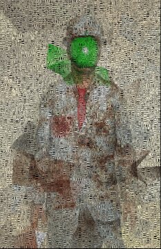 Surreal digital art. Man in white suit with green apple instead of face. Picture is composed entirely of the words. 3D rendering