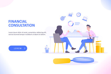 Financial consultation service or financial advisor meeting concept. Client sitting at desk and business consultant gives professional help to client, vector illustration