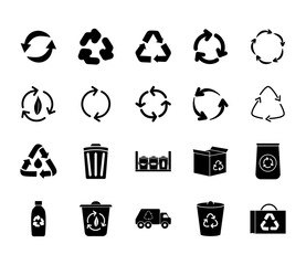 recycle symbols and recycling icon set, silhouette style