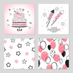 Obraz premium Happy Birthday cards set in pink and black colors. Celebration party vector illustrations with birthday cake and balloons.