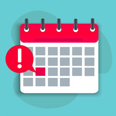Calendar icon on a turquoise background. Reminder of an important event. Calendar with tear-off sheets. The day is marked in red. Notification with an exclamation mark, so as not to forget. Vector