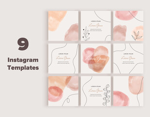 Fototapeta na wymiar Social media banners with nude freehand geometric hand painted watercolor shapes, black lines and leaves. Modern neutral template for flyer, poster, card 