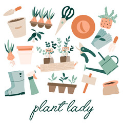 Set of gardening tools. Home garden elements, watering can, grass, garden gloves, cart and potted flowers, soil, hat, spade. boots. Plant lady print, poster, stickers. Urban farming. Season hobby © Юлия Лазебная