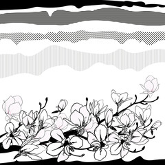 Sketch of magnolia blossom branch with graphic  hatching.  Digital hand drawn illustration