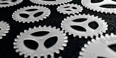 several gears with different inscription. topic of finance. in focus business service money