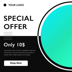 Special offer banner, poster, flyer with logo, data, and button. A green template for a photo. Social media, business layout