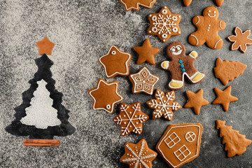 Various christmas gingerbread cookies on dark table with flour