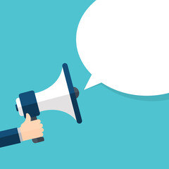 Hand holding megaphone with bubble speech	