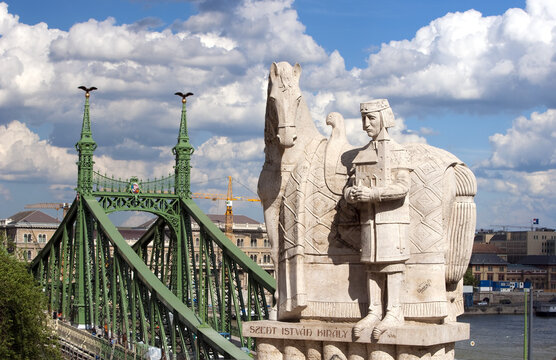 Budapest, Hungary- April 22, 2019: St. Stephen Statue Near Gellert Hill In Budapest 