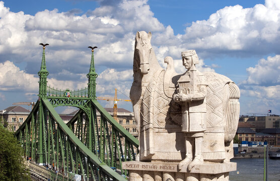 Budapest, Hungary- April 22, 2019: St. Stephen statue near Gellert hill in Budapest 