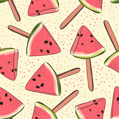 Seamless pattern with watermelon. Fruit ice cream on a stick. Vector illustration. Simple picture. Summer hot time. Red and pink berry with seeds on a yellow background.