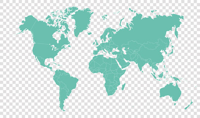 High detail green political world map with country borders. vector illustration of earth map on transparent background
