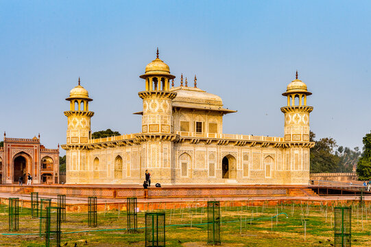 AGRA, INDIA - JAN 20, 2016: Itmad-Ud-Daulah Mausoleum (Jewel Box or the Baby Taj) in Agra, Uttar Pradesh, India. It was referred as a draft for Taj Mahal