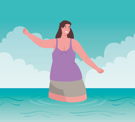 cute plump woman in swimsuit, happy in the sea, summer vacation season vector illustration design