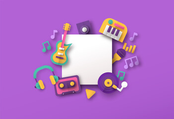 Obraz premium Retro papercut music instrument icon template