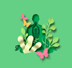 Green papercut woman in yoga lotus tree pose